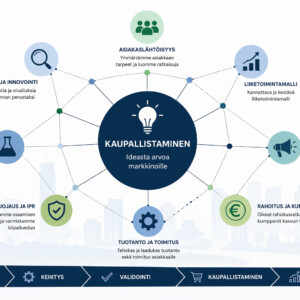 Suomenkielinen infografiikka, joka kuvaa kaupallistamisprosessia. Keskellä oleva hehkulamppukuvake on yhdistetty kuvakkeisiin, jotka edustavat asiakastuntemusta, liiketoimintamallia, markkinointia, rahoitusta, toimitusta, suojausta, tuotekehitystä ja innovaatiota.